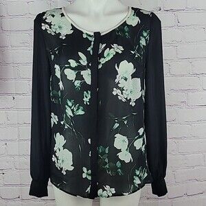 Worthington Sheer Button Up Top Size Medium Long Sleeve Black Green & Cream work